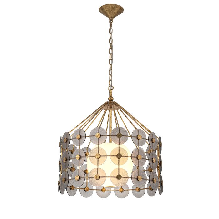Quintiesse Meridian 3-Light Distressed Gold & Smoked Glass Pendant Chandelier
