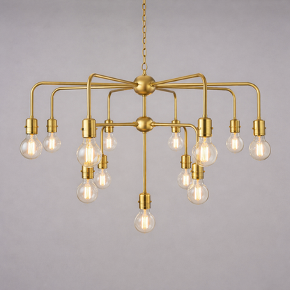 Mullan Lighting Pisa 13-Light Three-Tier Bare Bulb Brass Modern Chandelier