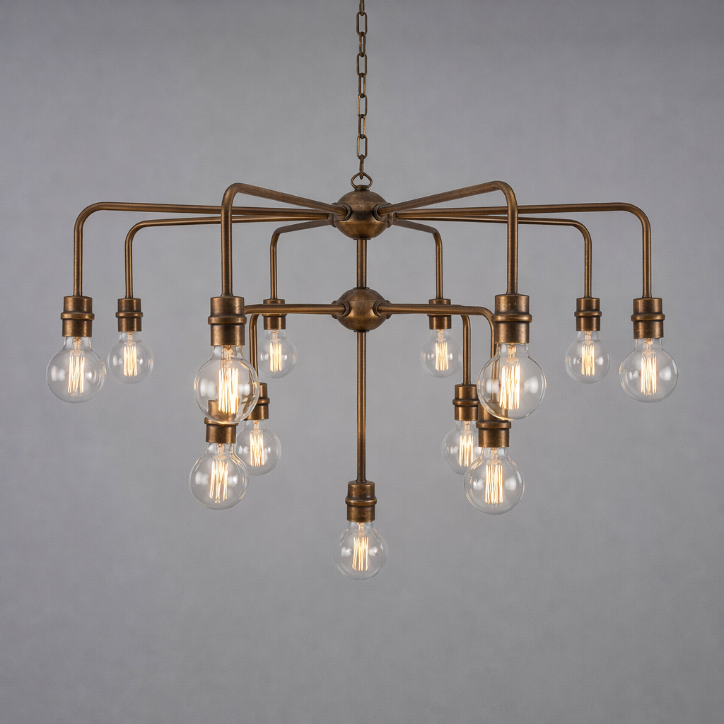 Mullan Lighting Pisa 13-Light Three-Tier Bare Bulb Brass Modern Chandelier