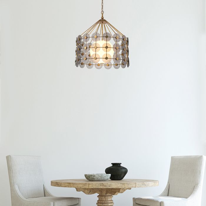 Quintiesse Meridian 3-Light Distressed Gold & Smoked Glass Pendant Chandelier