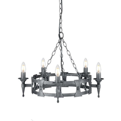 Elstead Lighting Saxon 5-Light Black with Silver Patina Wagon Wheel Chandelier