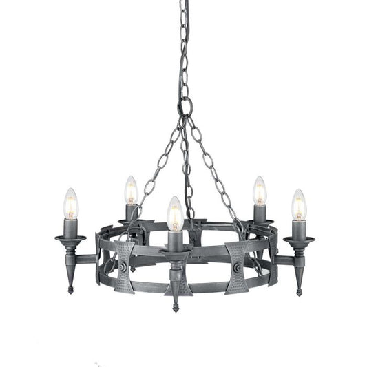 Elstead Lighting Saxon 5-Light Black with Silver Patina Wagon Wheel Chandelier